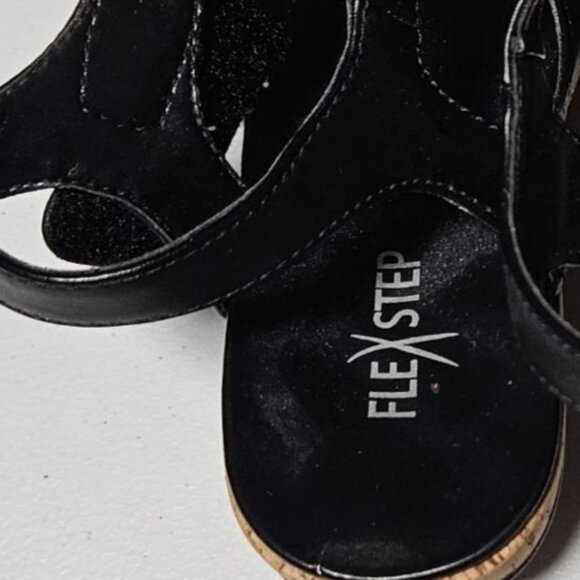 Flex Step Black Faux Leather Sandals Womens 7.5 M Strappy Sling Back Wedge Heels - Picture 8 of 14